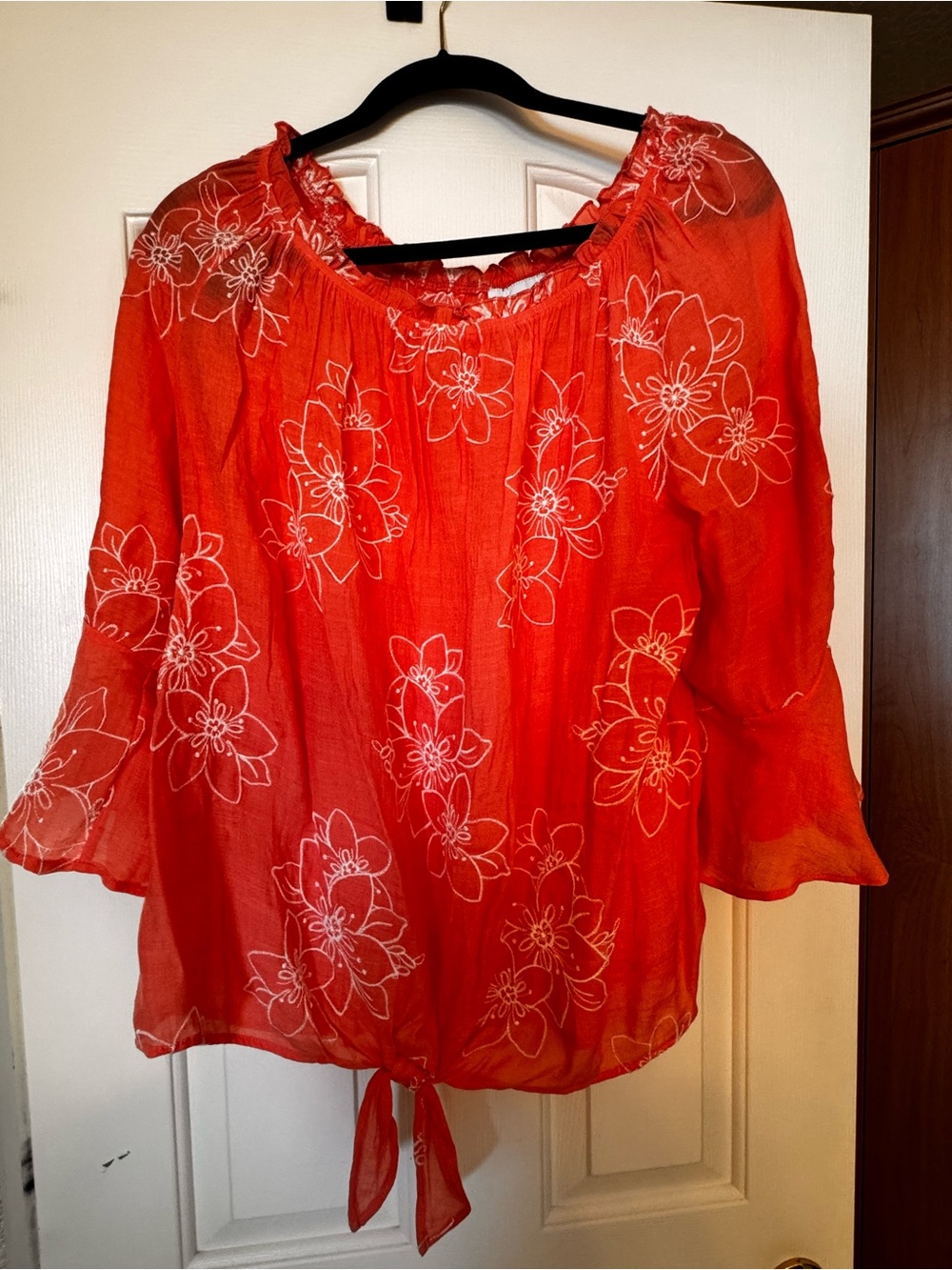AB Studio Red Floral Tie-Front Peasant Blouse